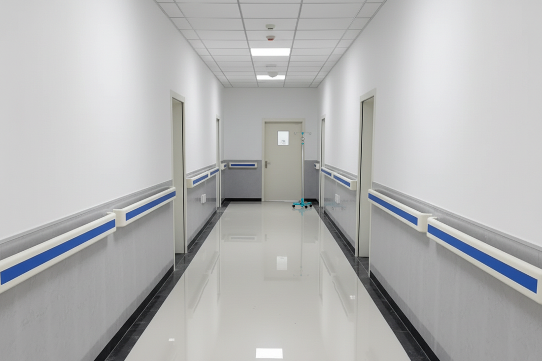Hospital corridor with anti-collision handrails - healthcare facility accessibility procurement guide