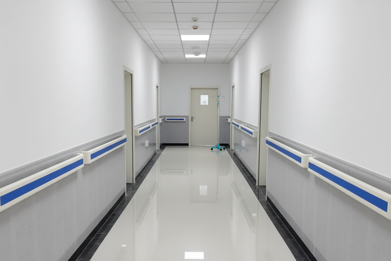 Hospital corridor with anti-collision handrails - healthcare facility accessibility procurement guide