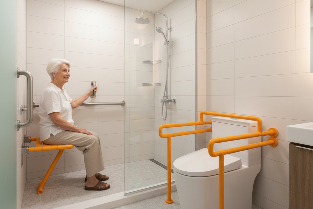  Elderly woman using grab bar and folding shower seat in accessible bathroom
