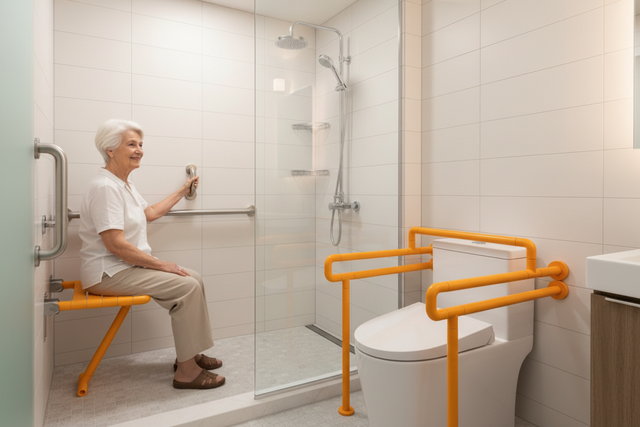  Elderly woman using grab bar and folding shower seat in accessible bathroom