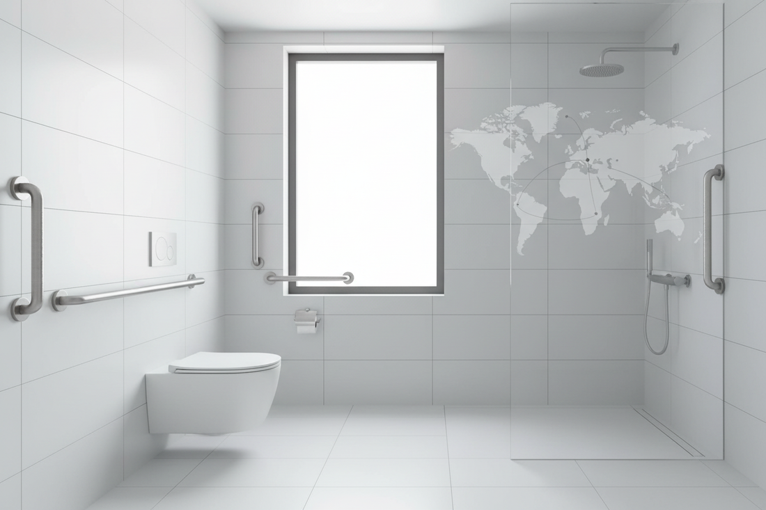 Modern bathroom with stainless steel grab bars - global accessibility products market trends
