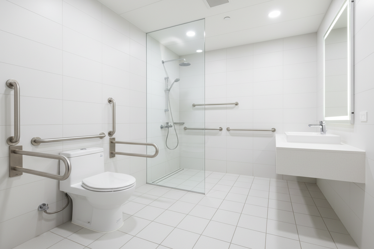 Stainless steel grab bars installed in a modern hospital bathroom in Southeast Asia, showing compliant accessibility hardware near toilet and shower area