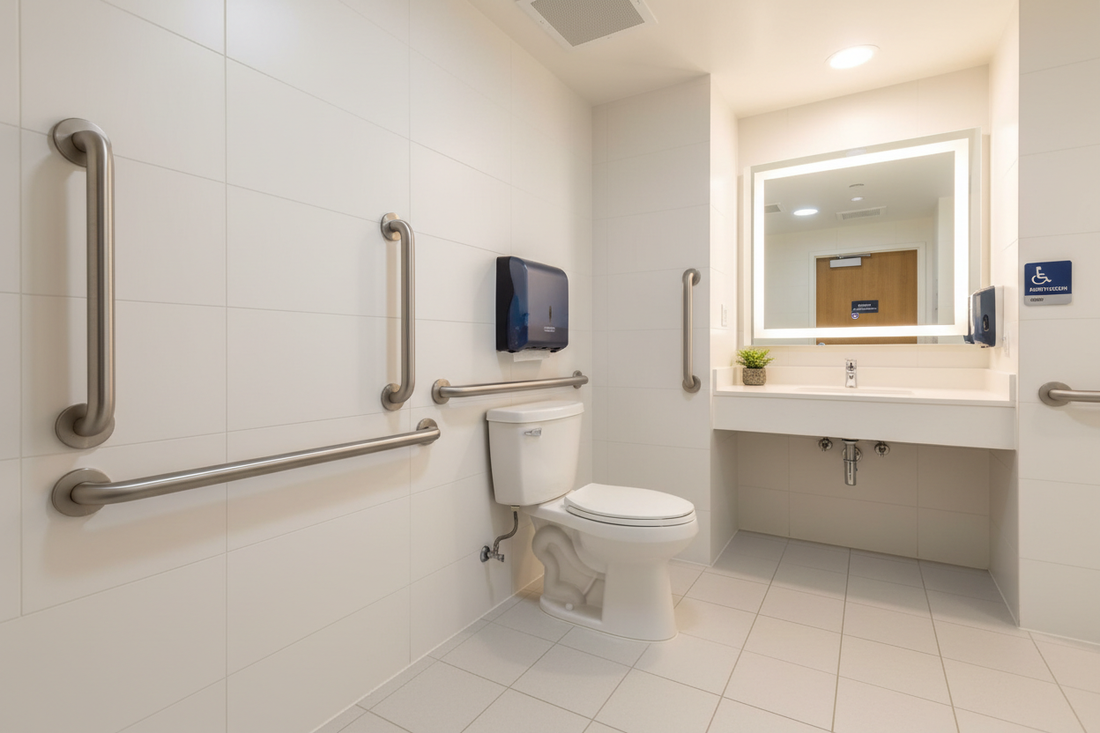 Stainless steel grab bars installed in a hospital bathroom for patient safety and ADA compliance