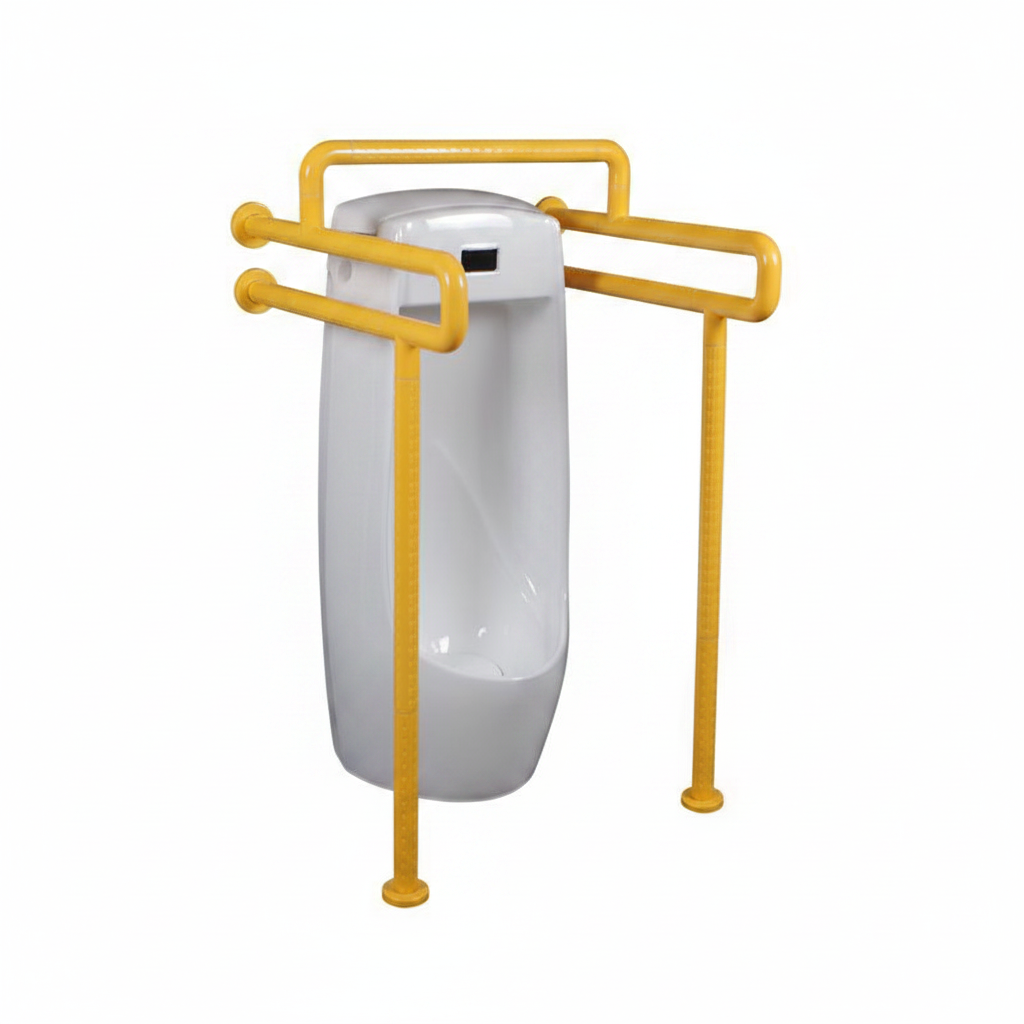 Urinal grab bar with floor support legs – 60x60x110cm, ABS/PP outer tube, stainless steel inner