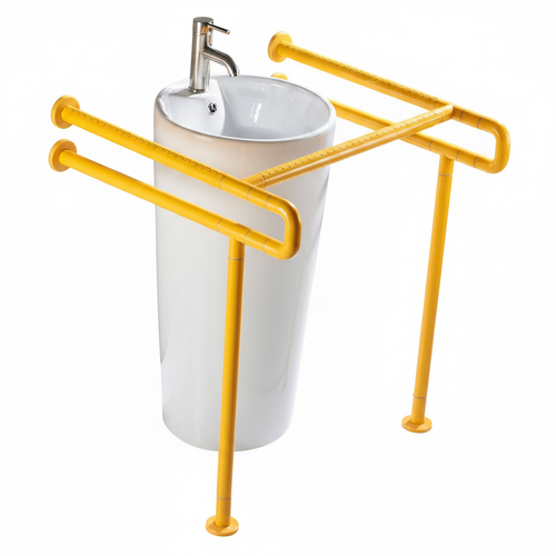 Basin grab bar with floor support legs – ABS/PP outer tube, stainless steel inner, yellow